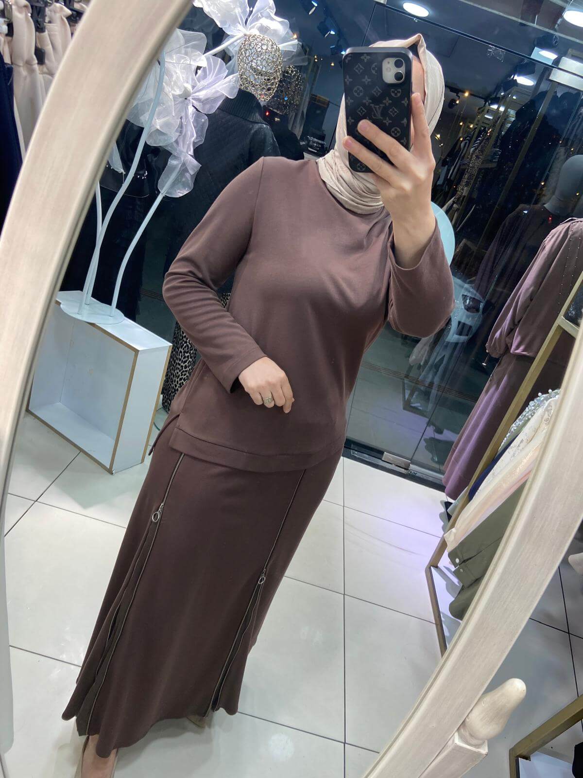 Eteği ve Bluzu Fermuarlı Tencel Kraşlı Triko Takım (Kahverengi) - Görsel 5