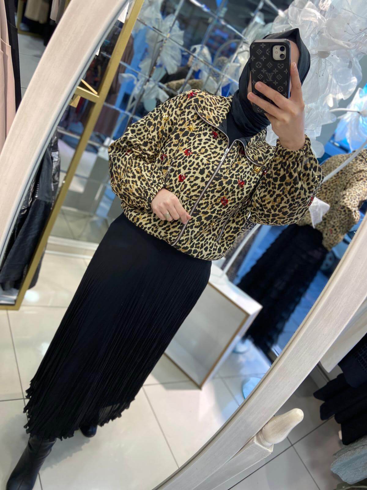 Leopar Taş İşlemeli Bumber Ceket