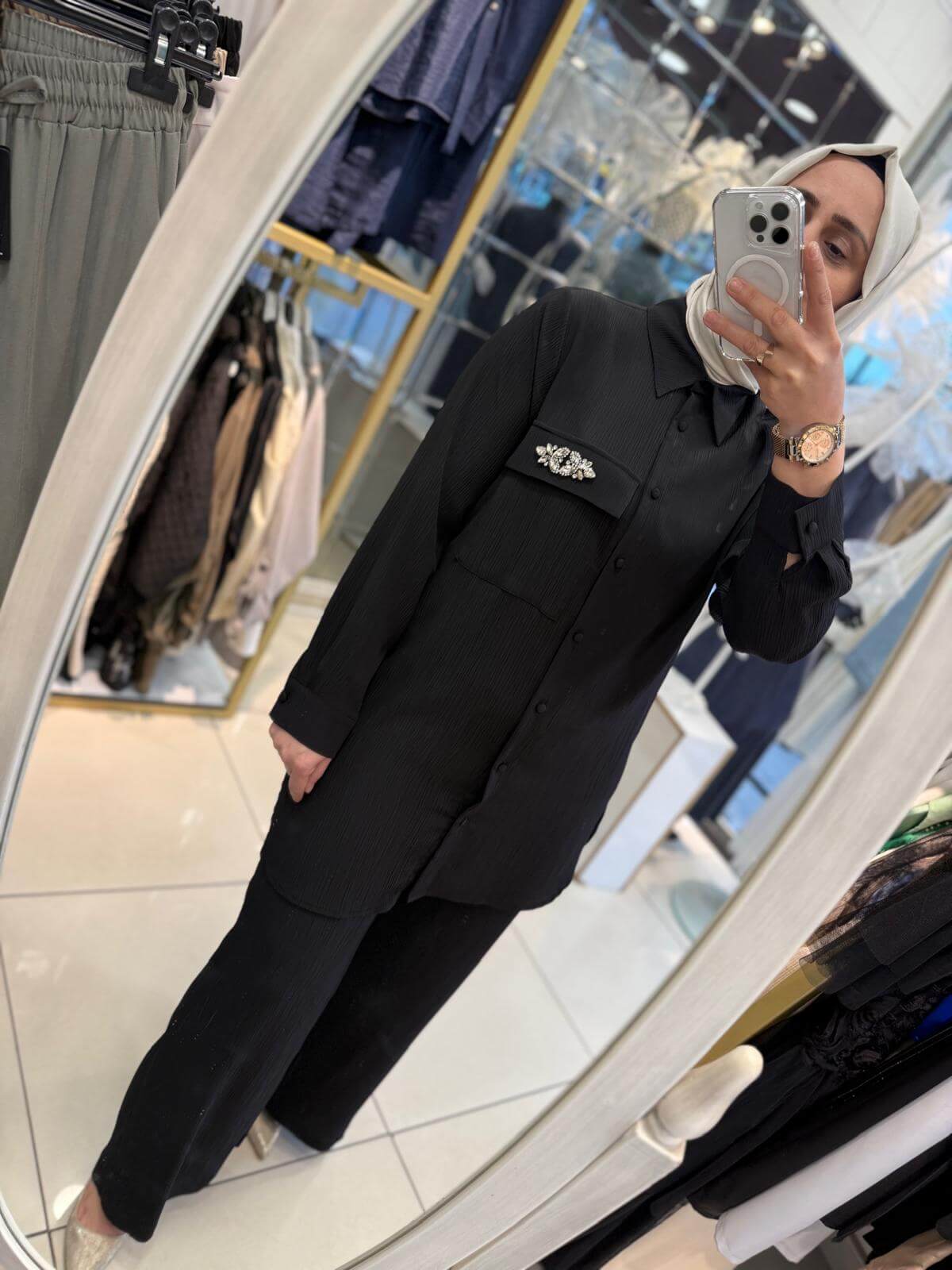 Nurcan Çetin Bürümcük Taş Detaylı Pamuk Saten Takım (Siyah)