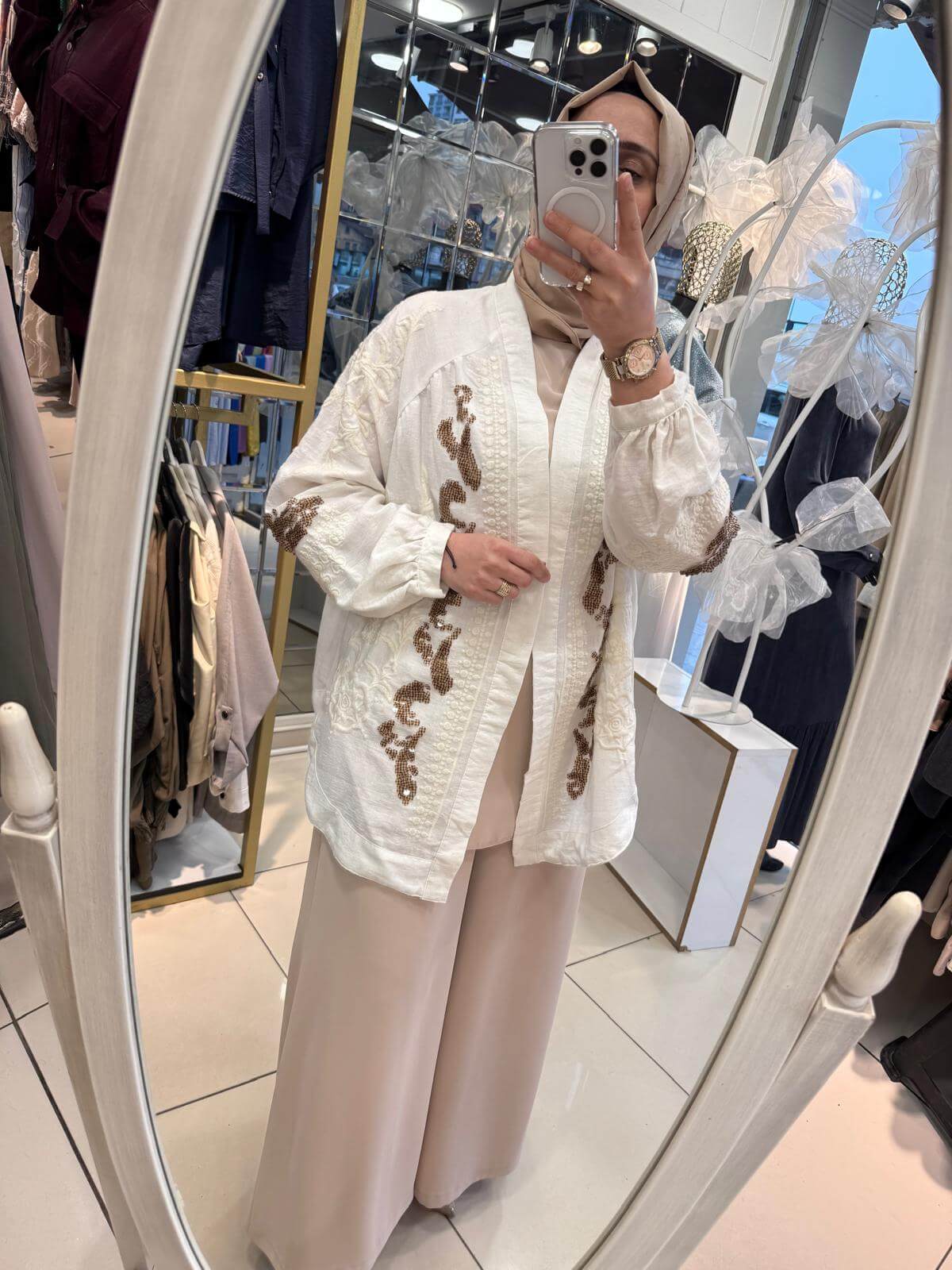 El İşlemeli Keten Kimono - Görsel 5