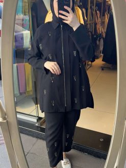 Kadın taş detaylı takım – tunik ve pantolon ikili set