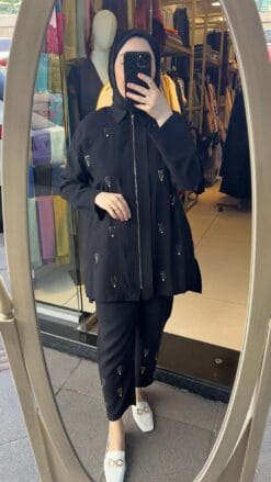 Kadın taş detaylı takım – tunik ve pantolon ikili set