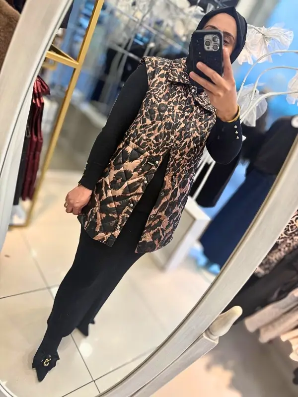 Leopar desenli yelek,