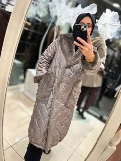 kürk detaylı özel işleme soft dolgu astarlı vizon manto kaban