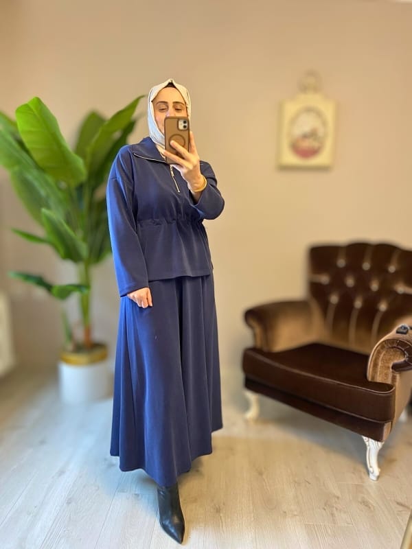 Yüksek Yaka Etekli Takım- Lacivert - Görsel 8