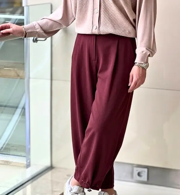 Sentez Paçası Kapsüllü Aura Şalvar Pantolon (Bordo) - Görsel 5