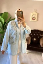 Bebe Mavisi Çiçek İşlemeli Fermuarlı Kap