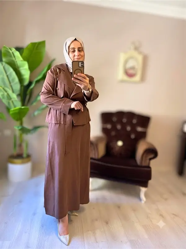 Ecbel Butik kahverengi ceketli etekli tesettür takım kombini