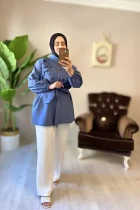 İndigo renk dantel nakışlı ve belden bağlamalı tesettür tunik modeli
